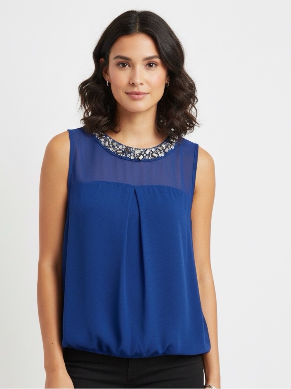 HeartSoul sleeveless blouse royal blue sheer draped front beaded neckline LARGE